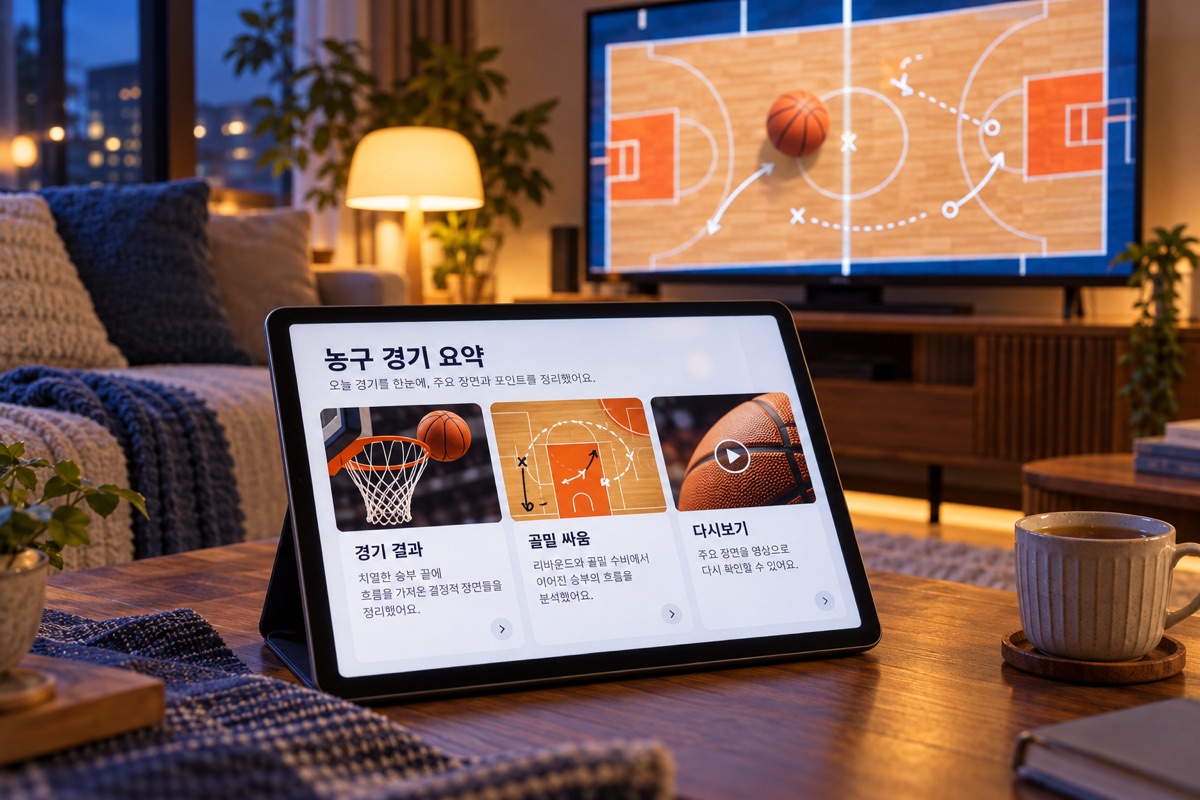 농구 경기 정보를 살펴보는 가상의 태블릿과 TV 화면 연출 이미지
