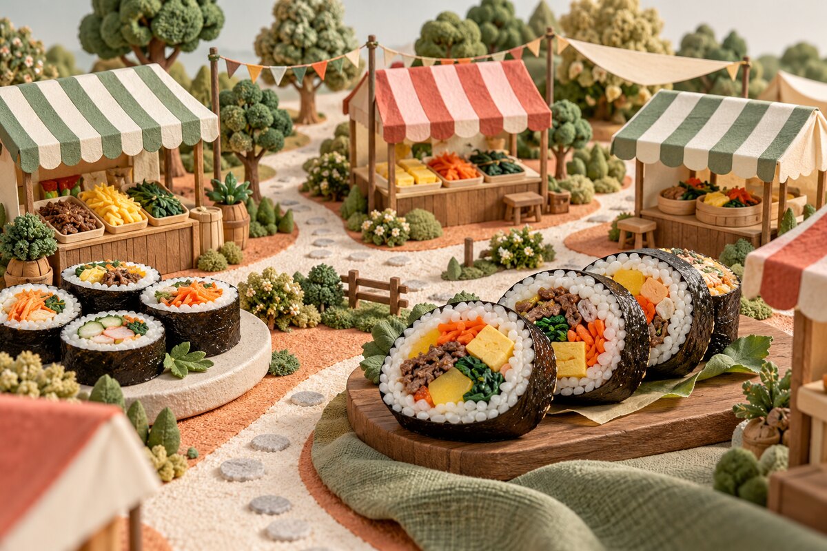 김밥과 먹거리 부스, 산책길을 배치한 가상의 축제 미니어처
