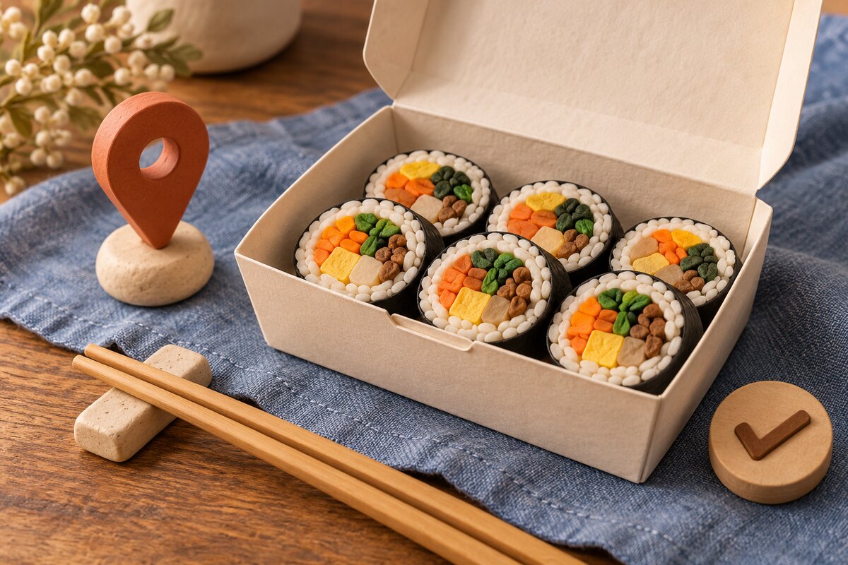 김밥 포장 상자와 위치 표시 모형을 놓은 가상의 수령 준비 연출 이미지